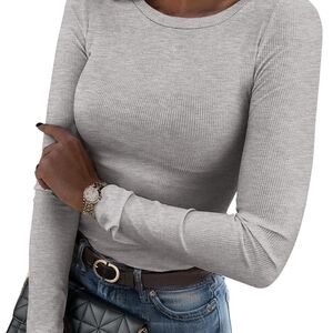 Zeagoo Light Gray Ribbed Long Sleeve Top 0002